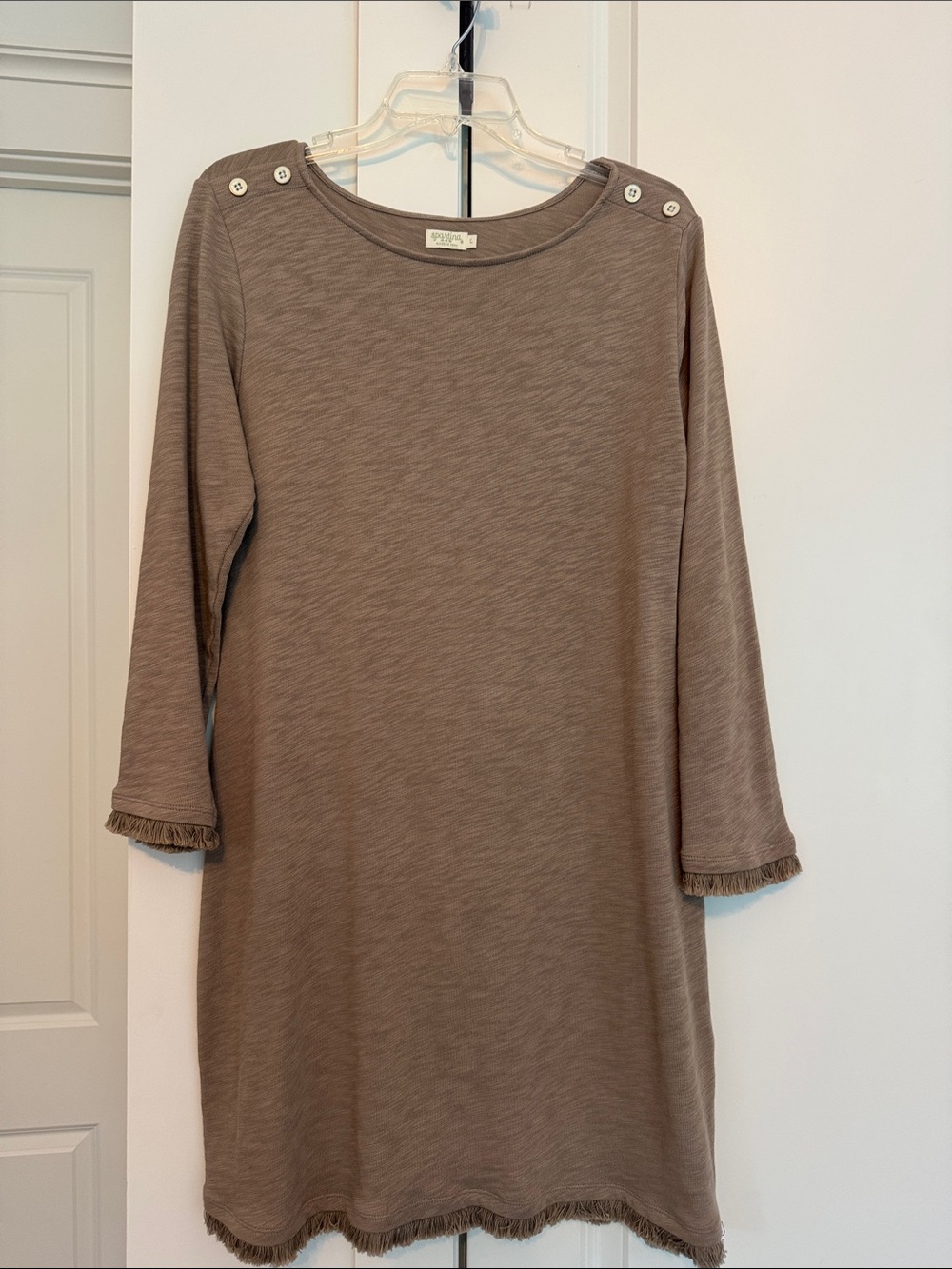 Spartina 449 Taupe Long-Sleeve Shift Dress with Button Shoulder